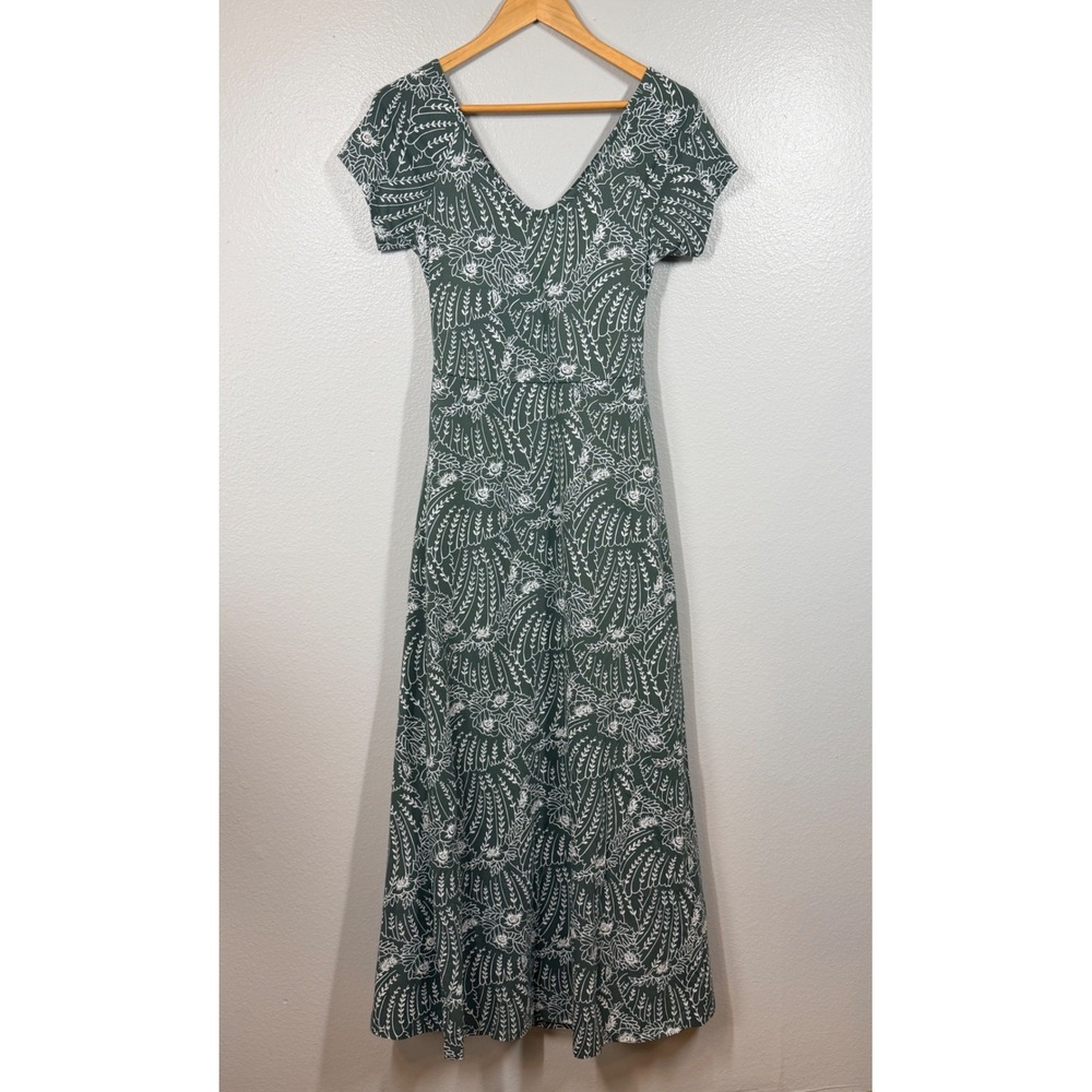 Pact Maxi Dress Women Medium Green Floral Cutout Back Organic Cotton Stretch
